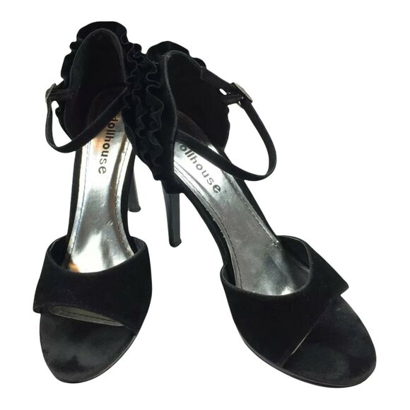 Dollhouse Maneater Heels Size 8.5 Sexy Black Ruffle Open Toe Pumps Womens 8 1/2 - Picture 1 of 8